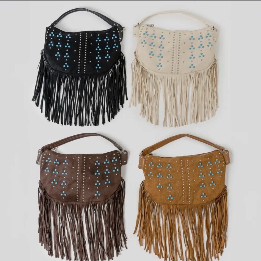 Bohemian Brown Shoulder Bag with Blue Studs - Picture 2 of 6